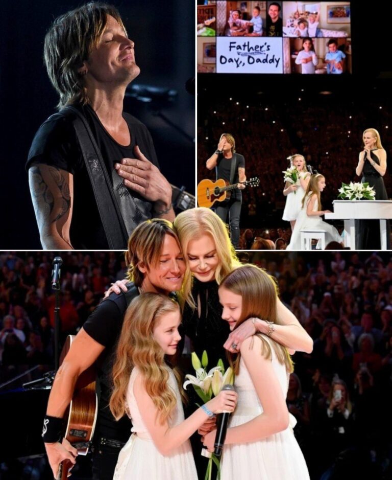 “I’ve Never Seen Keith Urban Cry Like That” — A Fan Whispered, Clutching Their Chest As Tears Fell Freely Down The Country Star’s Face, Overwhelmed By A Surprise He Never Saw Coming. Midway Through His Final Song, The Lights Softened, And Suddenly The Screen Behind Him Lit Up With Intimate Home Videos—Keith Flipping Pancakes, Laughing With His Daughters, Holding Nicole Kidman Close In Quiet, Ordinary Moments Of Love. Then Came The Words: “Happy Father’s Day, Daddy.” And Just As The Crowd Gasped, Nicole Appeared Onstage Hand-In-Hand With Sunday Rose And Faith Margaret—Each Carrying Lilies, Each Carrying His Heart. “You’re Our Hero, Dad,” Sunday Whispered. Nicole Placed A Hand On His Back, And With Shaking Fingers, Keith Picked Up His Guitar As The Family Performed A Raw, Stripped-Down “Making Memories Of Us.” No One In The Room Stayed Dry-Eyed. No One In The World Will Forget That Night.